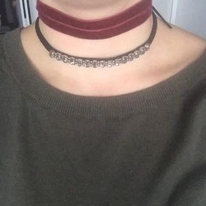 2 Chokers - Black with Jewels and Burgundy Red